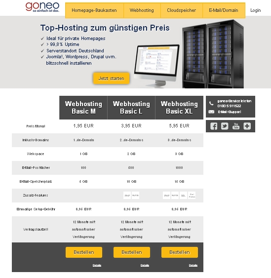 Die Übersichtsseite für unsere "klassischen" Hosting-Produkte. Diese Produkte heißen nun "Webhosting Basic". Es gibt drei Varianten (M,L,XL) zu sehr günstigen Einstiegspreisen.