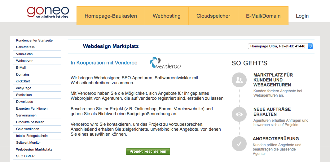 Screenshot: Hier im goneo Kundencenter finden Sie in der Navigation links einen Menüpunkt "Webdesign Marktplatz"