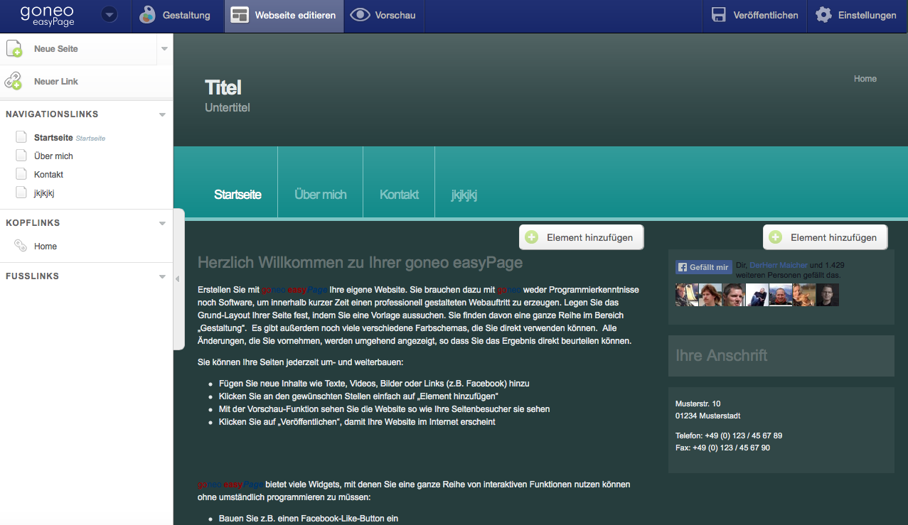 Bildschirmfoto von goneo easyPage, dem Homepagebaukasten