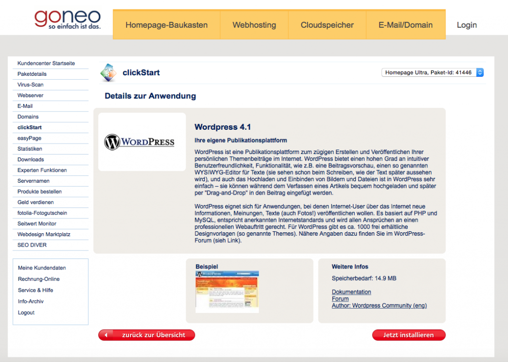 Bildschirmfoto clickstart WordPress mit Detailangaben