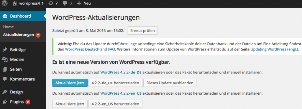 Bildschirmfoto WordPress Aktualisierungen