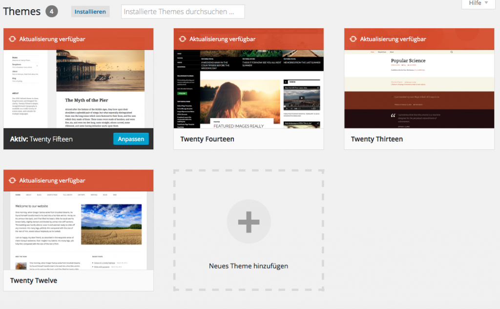 Bildschirmfoto WordPress Theme Auswahl. 