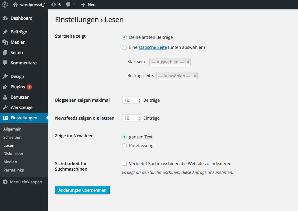 Bildschirmfoto Dialog Startseite von WordPress