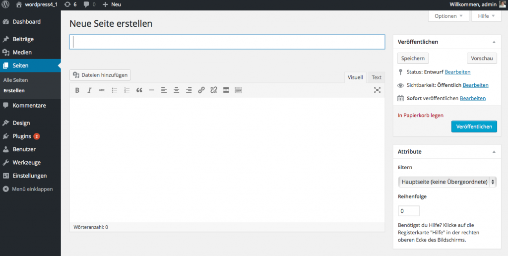 Bildschirmfoto Editor von WordPress zur Erstellung einer neuen Seite