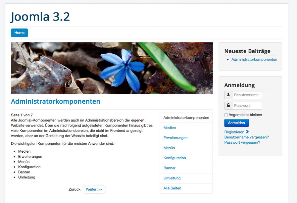Bildschirmfoto Joomla 3.2 Startseite