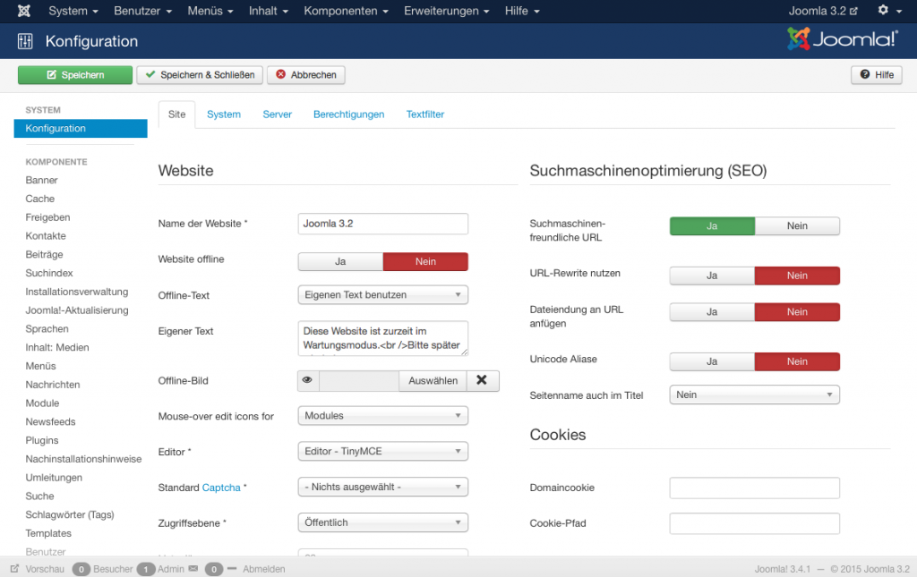 Bildschirmfoto Joomla Konfiguration