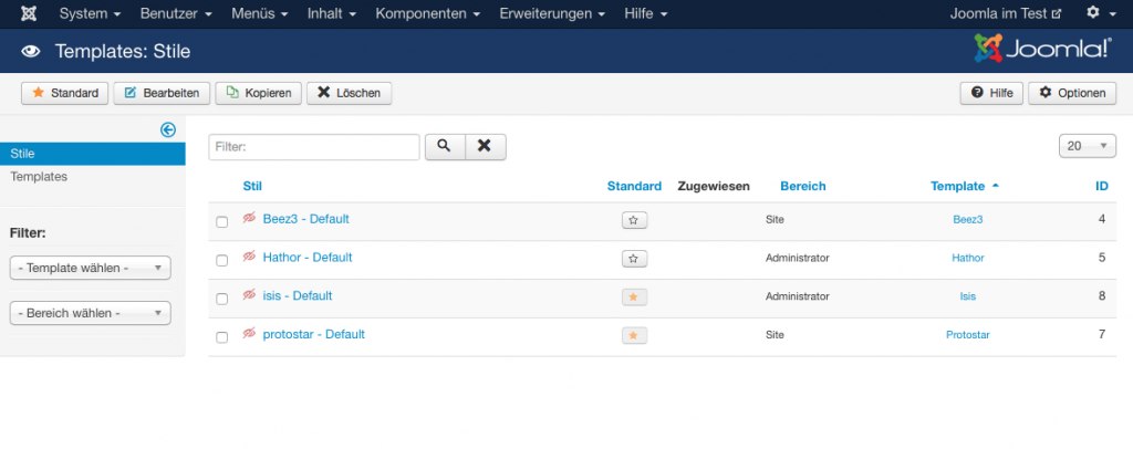 Bildschirmfoto Joomla Template Verwaltung 