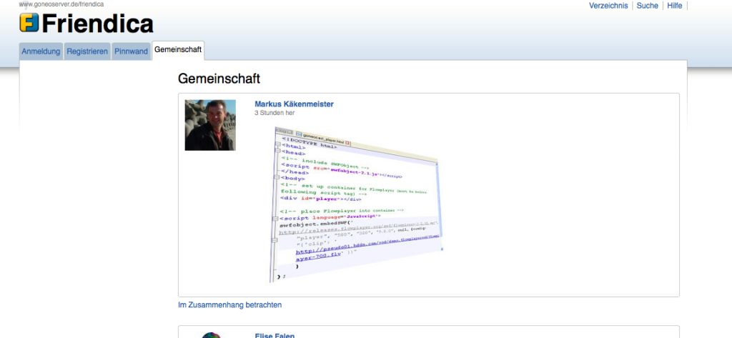 Bildschirmfoto Friendica Gemeinschaftsseite