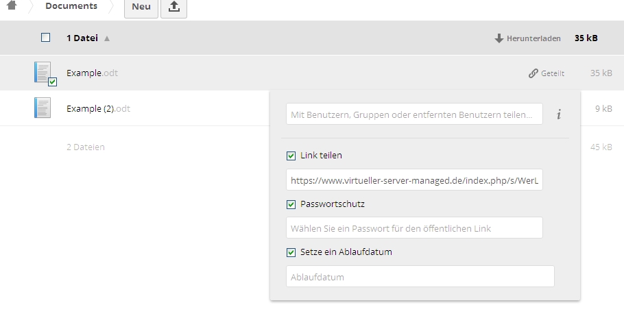 owncloud_share und Schutz durch Passwort und Ablaufdatum