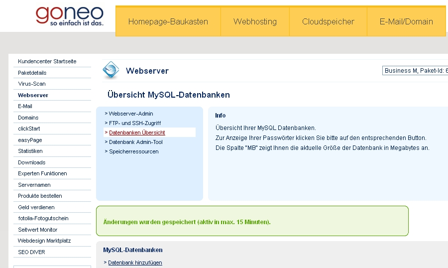 Screenshot Kundencenter goneo Datenbanken