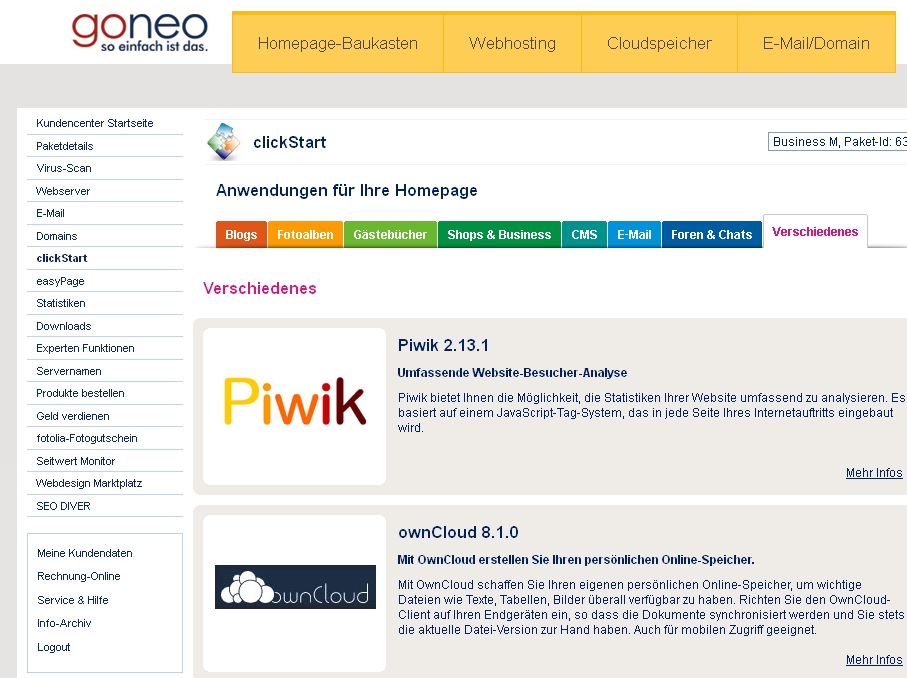 owncloud befindet sich unter Sonstiges im goneo clickStart Katalog
