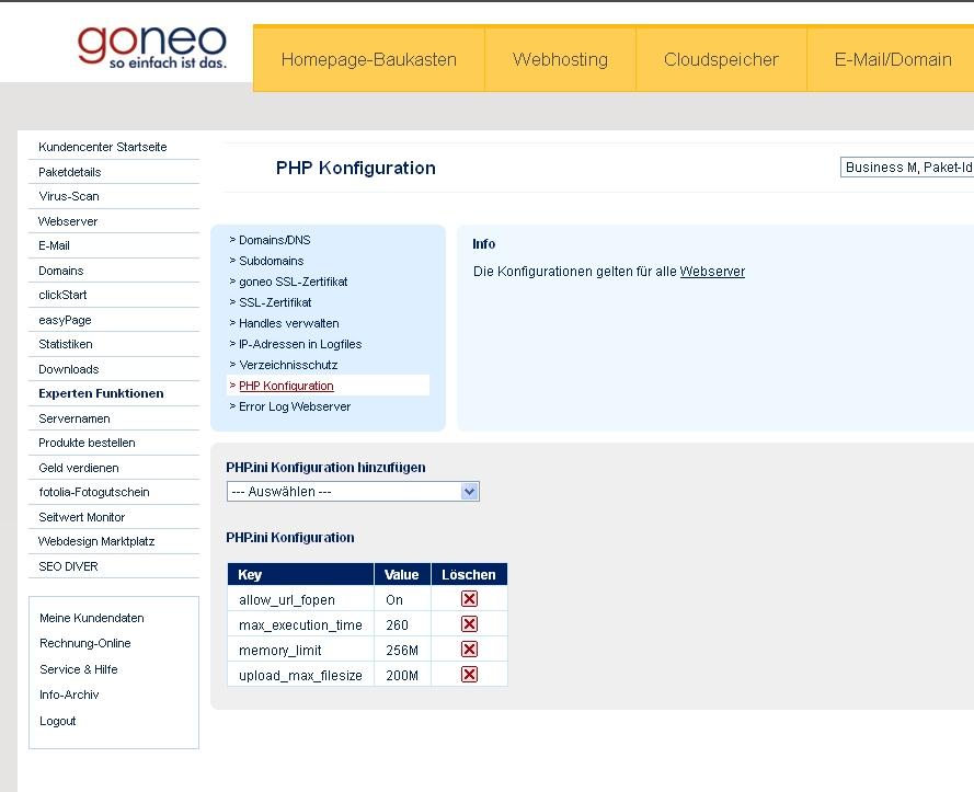 Screenshot goneo Kundencenter Experteneinstellungen PHP Konfiguration ändern
