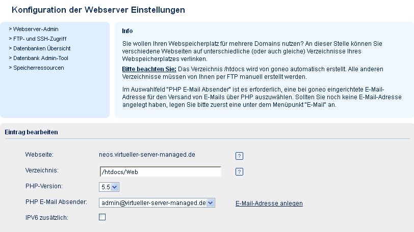 Screenshot goneo Kundencenter Webserver Einstellungen Neuen Webserver anlegen
