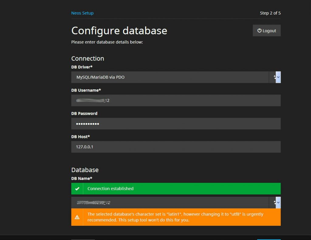 Neos 2.0 DB Setup Screen