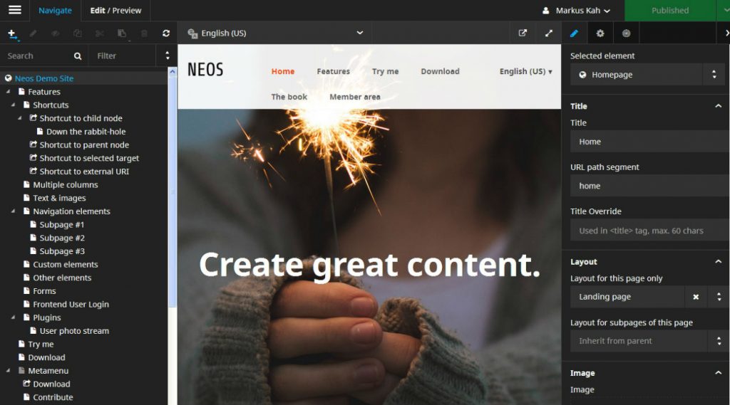 Screenshot Neos 2.0 Backend auf goneo Managed Server