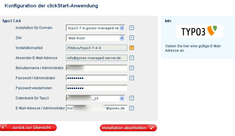 Ansicht eines Teils des goneo clickStart Installationsdialogs