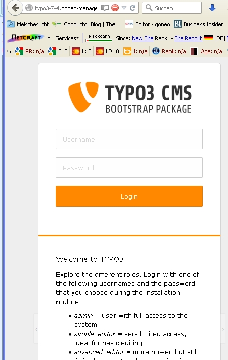 Login für das Backend von Typo 3 7.4