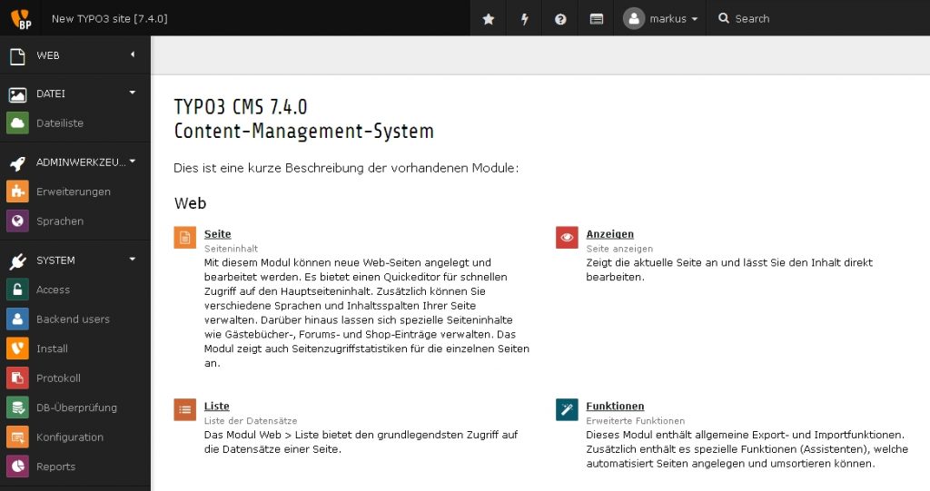 Screenshot des Backend von Typo3 7.4