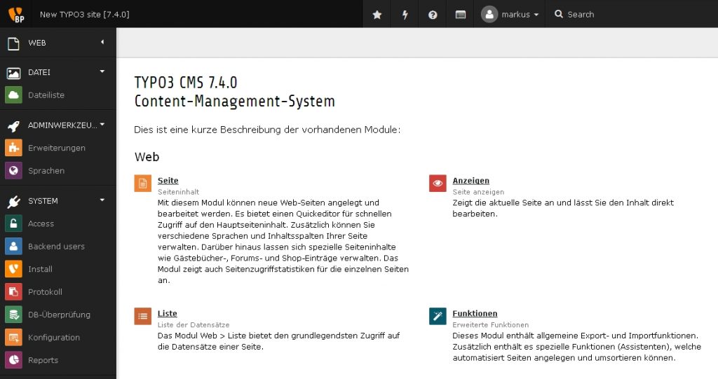 Screenshot des Backend von Typo3 7.4 