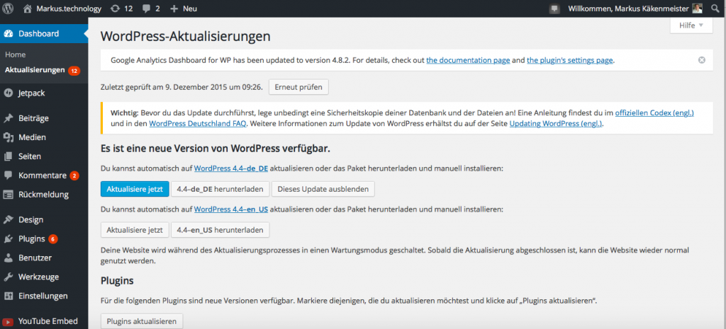 Update von WordPress 4.4 durch die Dashboard-Funktion