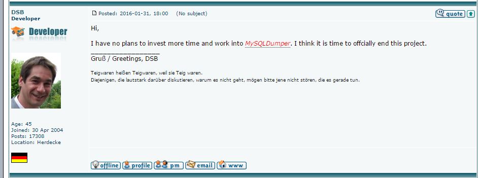 Ende des Projekts mysqldumper, nicht mehr php7-Kompatibel