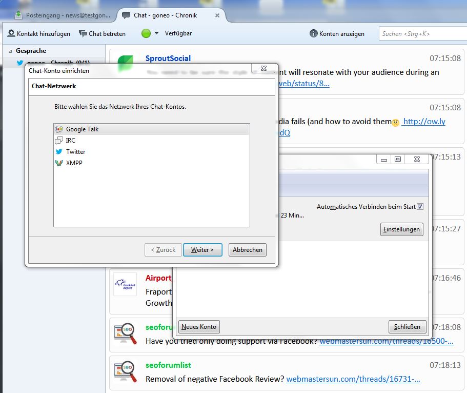 Thunderbird Chat-Feature Konto hinzufügen