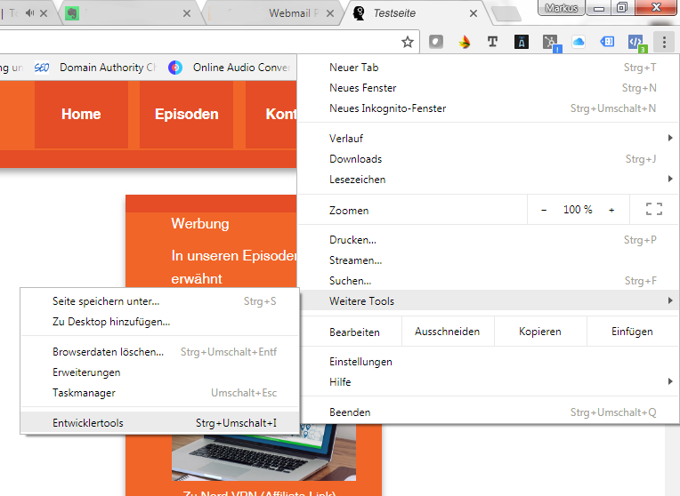 So ist Loghthouse in Google Chrome zugänglich : Menüpunkt Entwicklertools