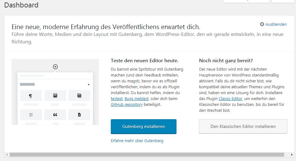 WordPress Dashboard Ansicht mit Gutenberg Werbung 