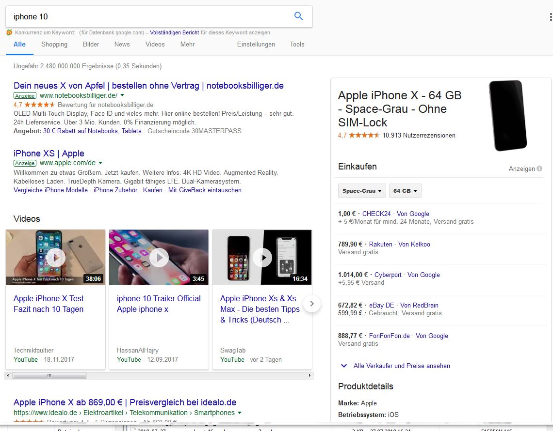 Beispiel einer Suchergebnisseite, hier zum Keyword iphone 10