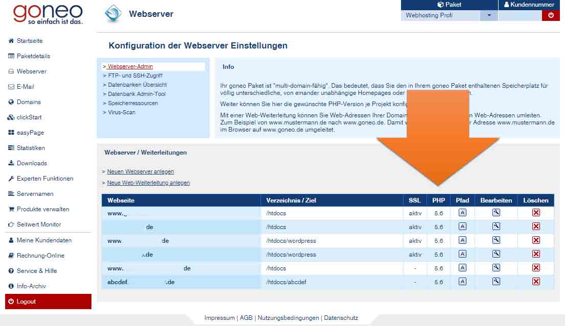 goneo Kundencenter Webserver Screenshot