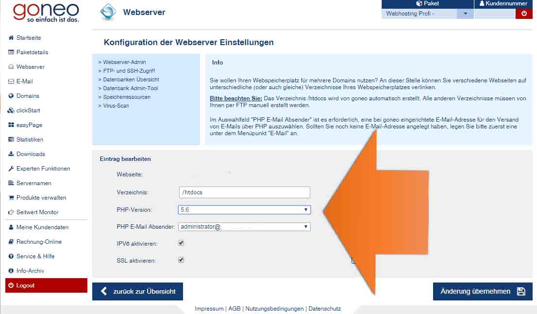 Auswahl der PHP Version pro Webserver im goneo-Kundencenter Screenshot