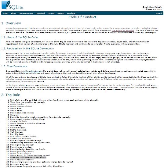 Screenshot des Code of Conduct bei SQLite.org