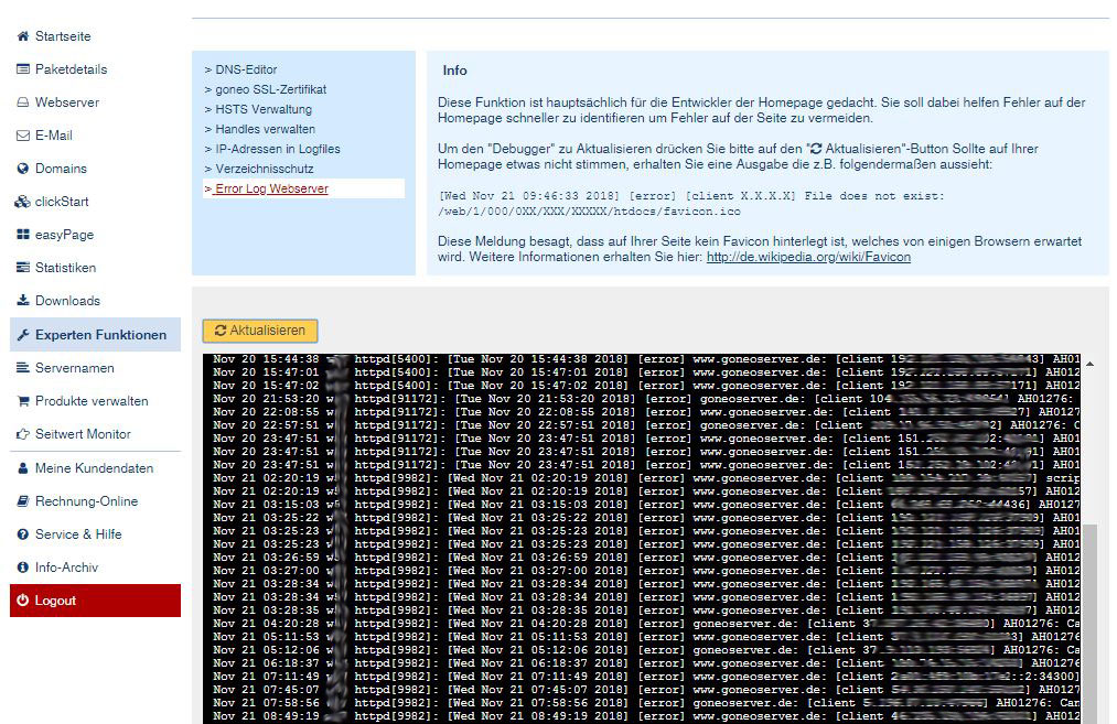 Screenshot goneo Error Log