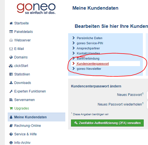 Screenshot Kundencenter: Passwort ändern 