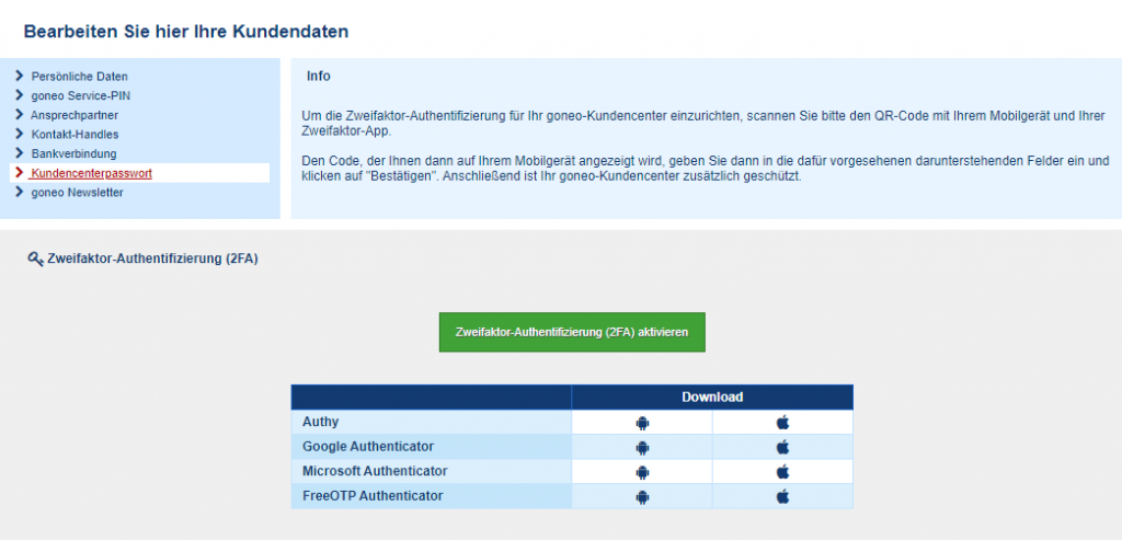 Screenshot Kundencenter: 2fa aktivieren