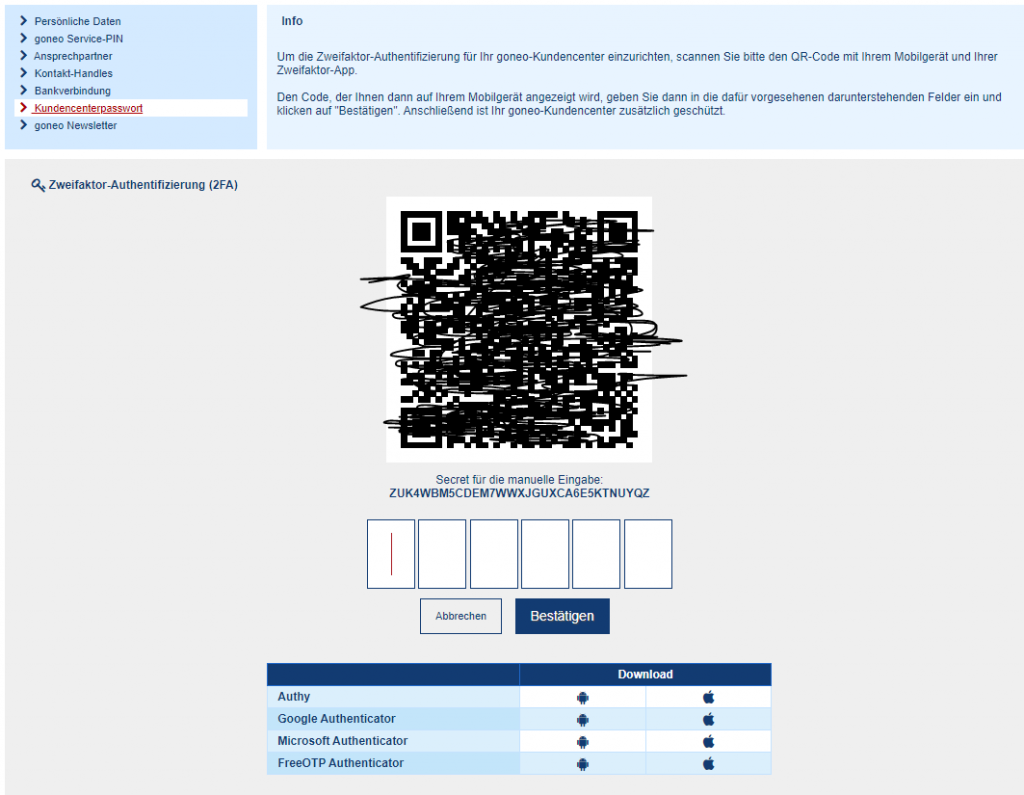 Screenshot Kundencenter: QR-Code für 2FA Aktivierung scannen 