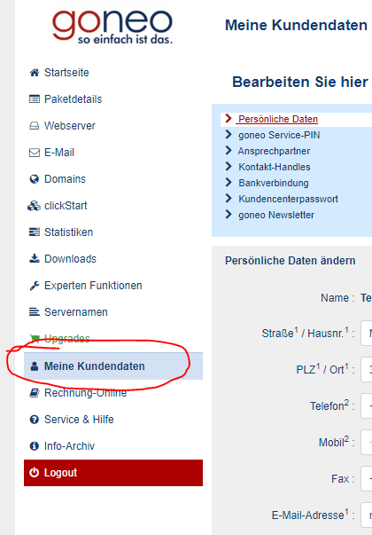 Screenshot Kundencenter: Anmeldung Zugangsdaten ändern