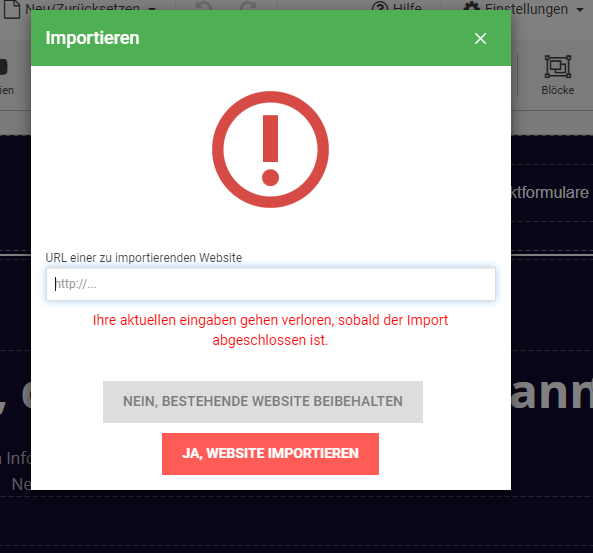 Bestehende Websites lassen sich importieren.