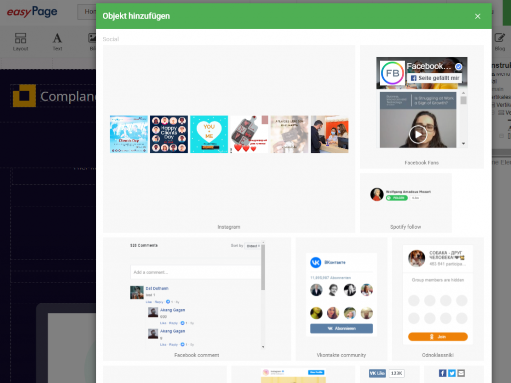 Auch Social media kann mit easyPage bedient werden.
