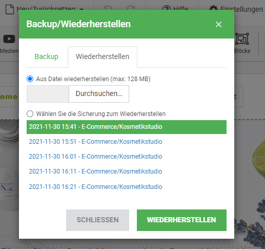 Der Upload funktioniert mit dem Menü-Tab "Wiederherstellen" 