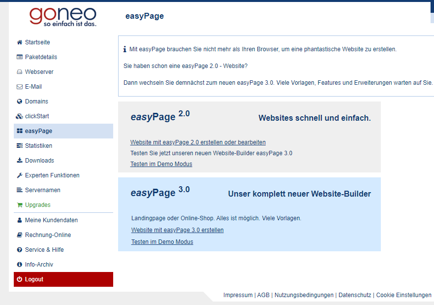 Screenshot Kundencenter mit Auswahl der easyPage-Versionen. 
