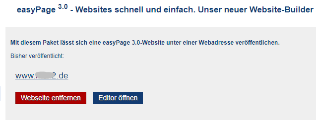 Screenshot Kundencenter mit der Url bzw. Domain, falls schon ein easyPage-3.0-Projekt angelegt wurde. 