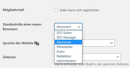 Screenshot der Optionsseite "Einstellungen", Unterpunkt "Allgemein", Abschnitt "Mitgliedschaft" in der deutschen Version von WordPress. Ausschnitt Mitgliedschafft. 