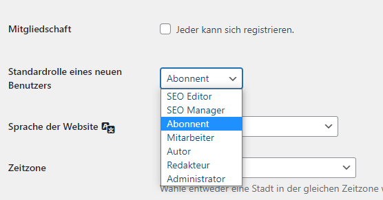 Screenshot der Optionsseite "Einstellungen", Unterpunkt "Allgemein", Abschnitt "Mitgliedschaft" in der deutschen Version von WordPress. Ausschnitt Mitgliedschafft.