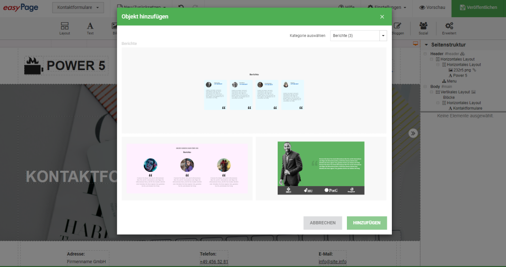 Screenshot des easyPage Webbuilders im Bearbeitungsmodus.