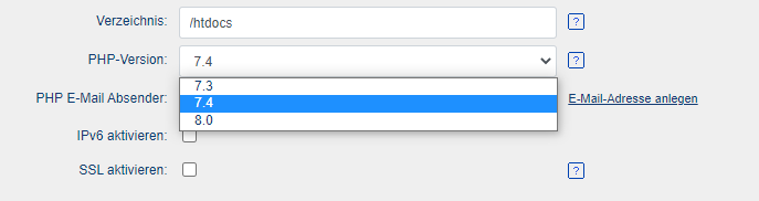 Unter dem Menüpunkt "Webserver" und einen Klick auf das Bearbeiten-Symbol gelangt man im goneo-Kundencenter zur Auswahl der PHP-Version.