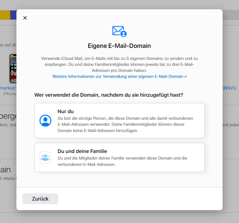 iCloud+ lässt entscheiden, ob der Familienverband oder nur eine einzelne Person die verbundene eigene Domain nutzen kann. 