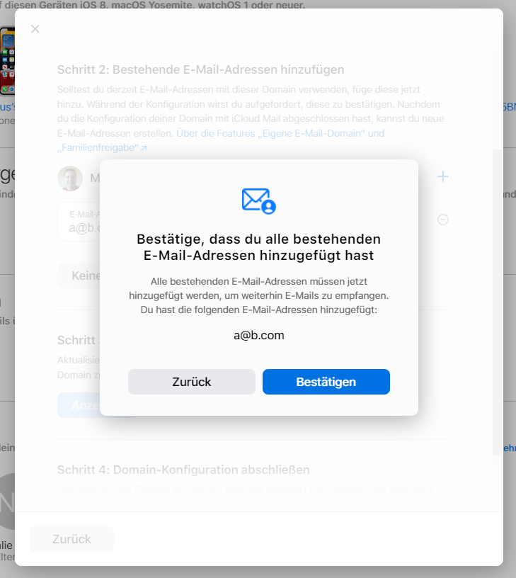 Apple verlangt eine Reihe von Bestätigungen, um sicherzustellen, dass der User berechtigt ist, die Domainzuordnung zu verändern. 