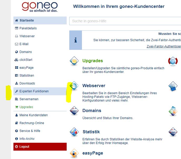 Bei goneo nimmt man die Änderungen der Domains im Kundencenter unter Experteneinstellungen vor. 