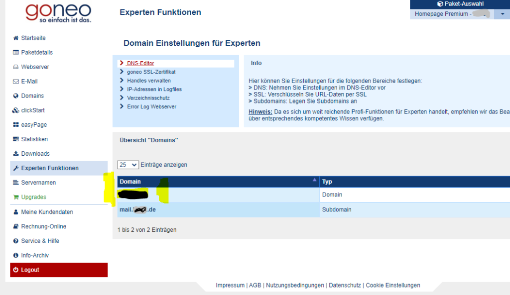 Screenshot goneo Kundencenter Domain DNS 